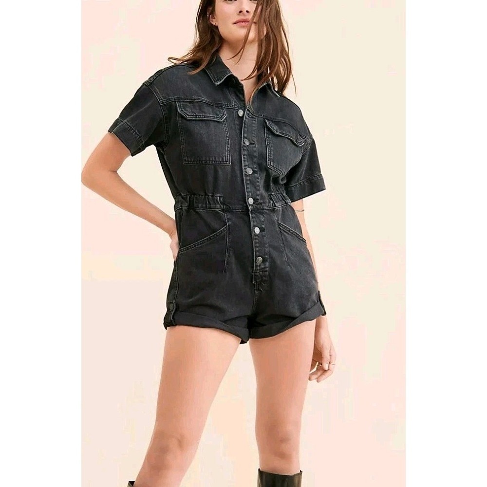 Free People We The Free Marci Cuffed Shortall S Black‎ Cotton Denim Button Front